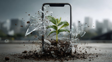 A captivating image of a smartphone surrounded by shattered glass and soil, showcasing a vibrant green plant emerging from the dirt, symbolizing growth, innovation, and the intersection of technology and nature.の素材