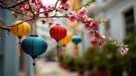 A stunning display of colorful lanterns suspended from a cherry blossom branch, creating a vibrant and serene atmosphere in an outdoor garden setting.の素材
