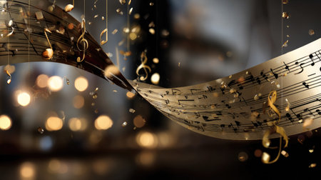 This enchanting image features golden music notes floating gracefully in the air, complemented by a soft bokeh background, creating a dreamy and artistic ambiance. Perfect for music-related projects.の素材