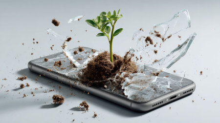A broken smartphone screen serves as a unique foundation for a small plant growing through the soil, symbolizing the intersection of technology and nature.の素材