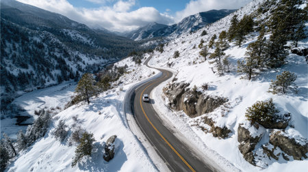 A stunning aerial view captures a winding road through a winter landscape, featuring a car navigating snowy mountains, lush trees, and a serene river.の素材