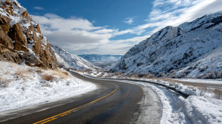 A winding road travels through a stunning winter landscape, featuring snow-covered mountains under a bright blue sky, offering a peaceful escape.の素材