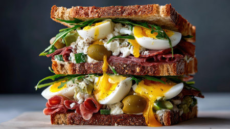 A delicious sandwich showcasing layers of boiled eggs, ham, fresh greens, and creamy sauce on toasted bread. Perfect for any meal.の素材