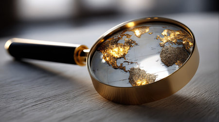 A luxurious magnifying glass rests on a world map, showcasing sparkling lights and reflections. Ideal for themes of exploration, discovery, and global awareness.の素材