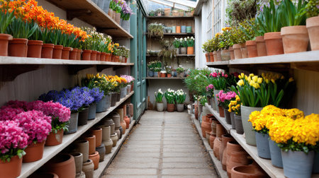 A stunning view of a colorful flower display in a greenhouse, showcasing vibrant potted plants on shelves. The setting offers an inviting atmosphere, perfect for gardening enthusiasts.の素材