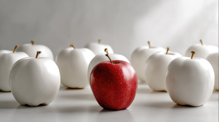 This image captures a striking red apple amidst a group of white apples, symbolizing uniqueness and beauty in simplicity. The soft lighting enhances the contrast and creates a modern, minimalist aesthetic perfect for food and lifestyle themes.の素材