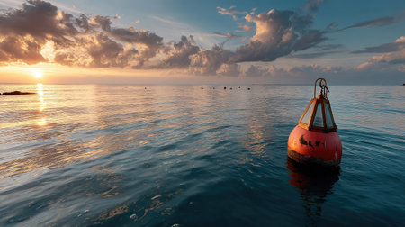 A peaceful scene showcasing a vibrant buoy floating on calm waters during sunset, with dramatic clouds reflecting the warm tones of the day.の素材