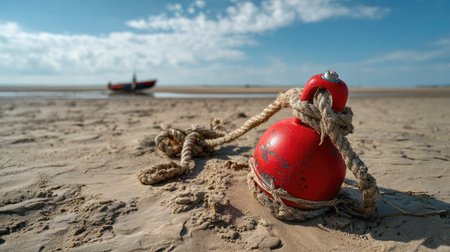 A vivid red buoy rests on sandy shore, connected by a rope, with a fishing boat in the distance. The clear blue sky enhances the tranquil scene.の素材