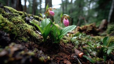 A striking close-up of delicate pink orchids emerging from rich green moss in a lush forest, showcasing the beauty and tranquility of nature.の素材