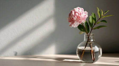 A captivating pink flower placed in a glass vase, beautifully illuminated by soft sunlight, creating serene shadows on a smooth surface. Perfect for home decor.の素材