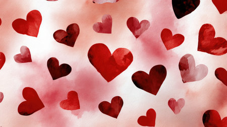 Enhance your creative projects with this colorful watercolor hearts background. Featuring vivid red shades and soft blurred effects, it evokes romance and joy.の素材