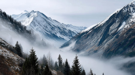 A serene mountain landscape showcasing majestic peaks shrouded in mist and fog, with pine trees in the foreground, evoking tranquility and natural beauty.の素材
