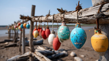 A vibrant display of colorful fishing floats hanging on a weathered wooden rack. This scenic image captures the essence of coastal charm and rustic beauty.の素材