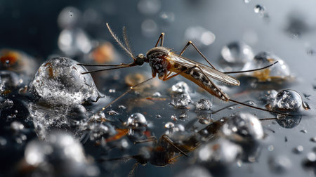 This detailed close-up features a mosquito perched on a shiny wet surface, showcasing the insect's fine structure and the captivating reflections of water droplets around it.の素材