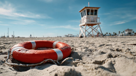 A vibrant lifebuoy rests on a sandy beach with a lifeguard tower standing watch in the background beneath a beautiful blue sky. Enjoy the summer landscape.の素材