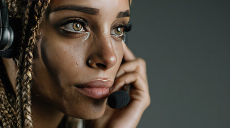 A focused woman with braided hair is wearing a headset and deep in conversation, highlighting the emotional connection in a professional environment.の素材