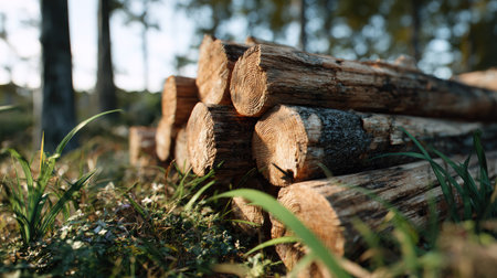 Beautifully arranged wooden logs lie on the forest floor, bathed in warm sunlight. The scene captures the natural environment, highlighting greenery and tranquility in nature.の素材