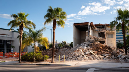 This image showcases an urban demolition site with a large pile of rubble amidst palm trees under a bright blue sky, illustrating city transformation.の素材