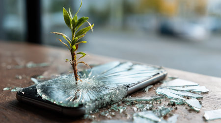 A striking image of a plant growing through a cracked smartphone screen, reflecting the intersection of nature and technology. This visual metaphor speaks to resilience and transformation in a modern setting.の素材