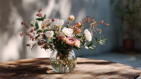 This stunning floral arrangement showcases delicate blooms in a glass vase, set against a softly lit background on a rustic wooden table, perfect for decor.の素材