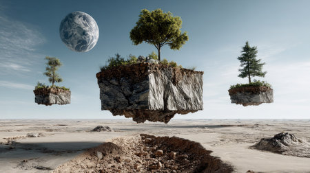Surreal scene of floating islands with trees against a desert backdrop, featuring a futuristic sky and Earth, inviting imaginative interpretations of nature.の素材
