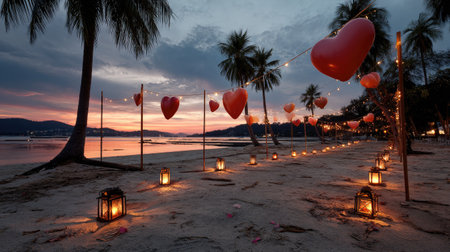 A picturesque beach scene featuring glowing lanterns and heart-shaped decorations, perfect for romantic evenings and memorable celebrations at sunset.の素材