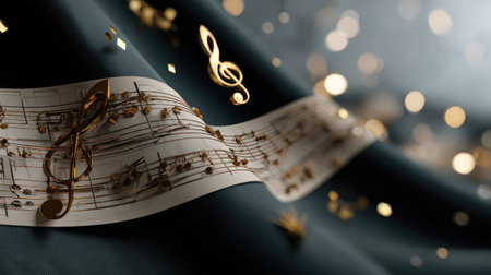 This captivating image showcases music notes floating above dark fabric, creating an enchanting scene filled with shimmering bokeh. Ideal for music, art, or celebration themes.の素材
