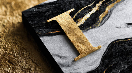 This stock photo features a stunning gold letter set against a marble texture background, showcasing dark and light patterns ideal for luxury design projects.の素材
