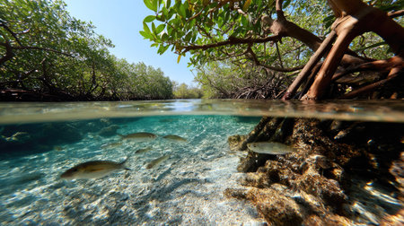 A captivating view of a serene mangrove forest featuring clear water and fish swimming below the surface. This tranquil coastal ecosystem showcases vibrant nature rich in biodiversity.の素材