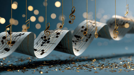 This captivating image shows wavy sheets of music with musical notes suspended above a shimmering background, evoking a sense of creativity and celebration.の素材