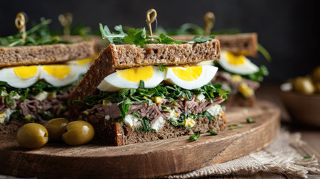 A mouth-watering sandwich featuring layers of egg, tender beef, and fresh greens served on rustic bread. Perfect for a wholesome meal or snack.の素材