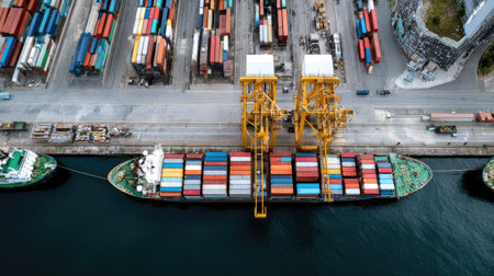 This stunning aerial shot showcases a container ship docking at a bustling port. Colorful shipping containers are neatly stacked, while cranes operate efficiently, highlighting the dynamic nature of maritime logistics and trade.の素材