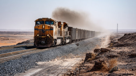 A powerful freight train moves through a vast desert landscape, creating dust and smoke trails against a backdrop of arid terrain and clear sky.の素材