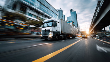 A container truck moves swiftly down a busy urban road at dusk, highlighting the dynamic nature of transportation amidst a vibrant city skyline.の素材