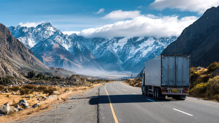 A stunning view of a winding highway surrounded by majestic mountains, showcasing a truck traveling through a serene natural landscape, perfect for themes of transportation and adventure.の素材