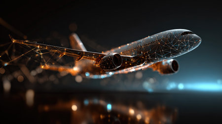 This image depicts a futuristic airplane, showcasing a design filled with digital connections and lights, symbolizing innovation in aviation technology.の素材