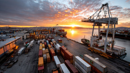 This stunning image captures a vibrant sunset over a bustling container port, showcasing cranes and cargo ships against a picturesque urban waterfront backdrop.の素材