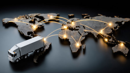 A detailed representation of a global shipping network featuring a miniature truck over a world map, symbolizing logistics, delivery, and international trade.の素材