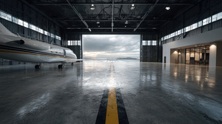 A spacious aircraft hangar features a sleek design with polished concrete floors, industrial lighting, and a dramatic view of a cloudy sky outside.の素材