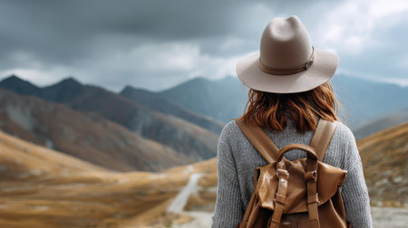 A serene scene featuring a woman in a gray sweater and beige hat gazing at a vast mountain landscape under a dramatic sky, embodying adventure and exploration.の素材