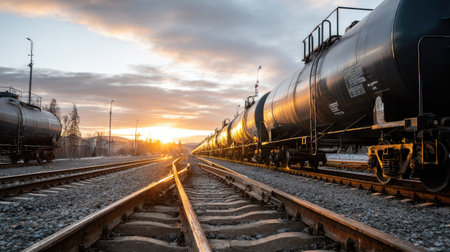 A picturesque scene of railway tracks stretching into the distance, lit by the warm glow of a sunset. Oil tanker cars line the track, creating a striking contrast against the vibrant sky.の素材