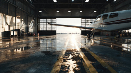 An airplane awaits in a spacious hangar, reflecting the golden sunset on the polished floor, capturing the essence of aviation and adventure.の素材
