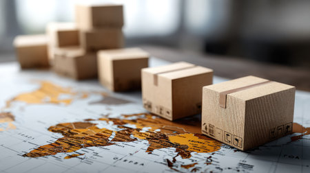 A collection of wooden boxes positioned on a detailed world map symbolizing the concepts of shipping and logistics in an interconnected global economy.の素材