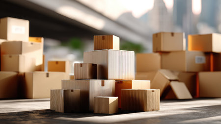 This image features a collection of stacked wooden boxes and cardboard containers in an urban setting, showcasing natural light and a blurred background.の素材