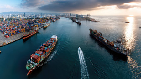 Captivating aerial shot showcasing a vibrant shipping port during sunset, featuring container ships, cranes, and waterway activity that highlights maritime commerce.の素材