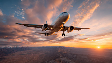 A breathtaking view of an airplane flying gracefully through the colorful sky at sunset, casting shadows over a serene mountainous landscape below.の素材
