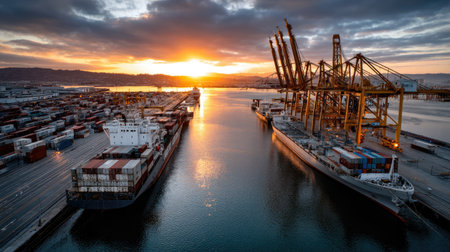 This breathtaking aerial view captures shipping vessels and cranes at a busy harbor during a vibrant sunset, showcasing industrial beauty and tranquility.の素材