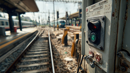 A close-up view of a control panel featuring a green signal light at a railway station, with visible train tracks leading in multiple directions, capturing the essence of urban transportation.の素材