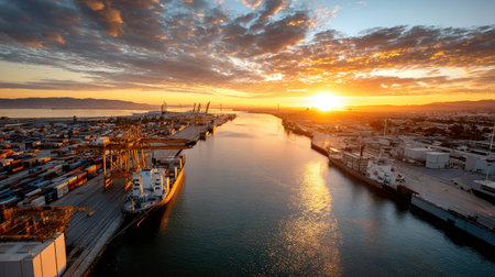 A breathtaking sunset view over a busy port, showcasing cargo boats against a colorful sky and calm water, highlighting maritime activities and industrial beauty.の素材