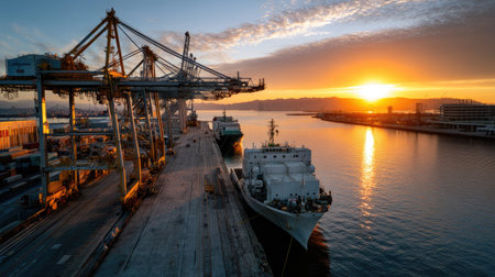 A stunning sunset casts warm hues over a busy shipping port, with towering cranes and ships positioned along the dock. The calm waters reflect the vibrant sky.の素材